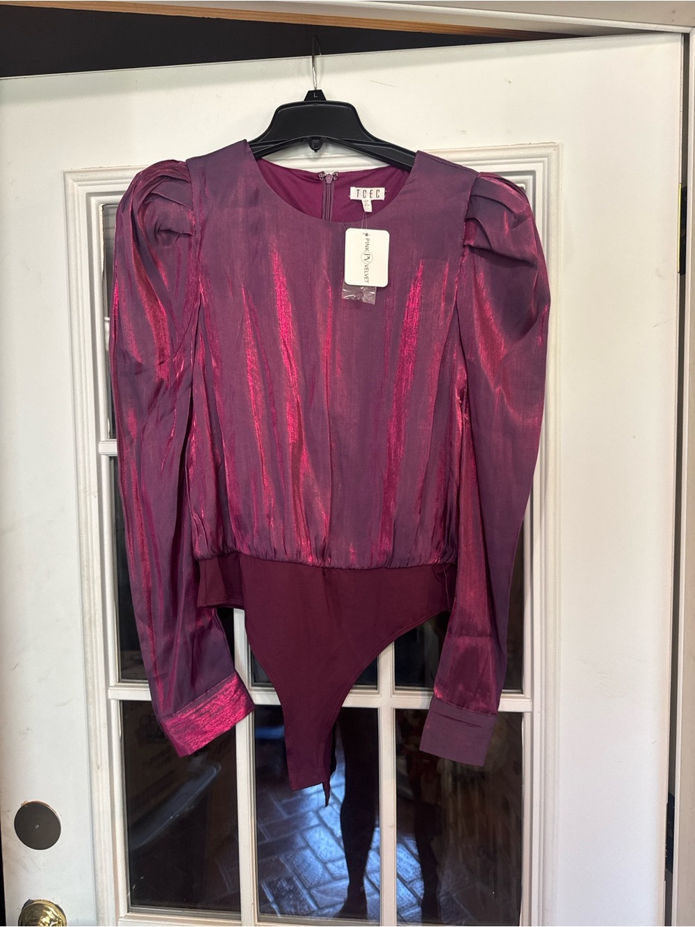 TCEC Women's Shimmer Burgundy Puff-Sleeve Bodysuit